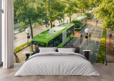 A green transportation corridor with electric buses and cyclists commuting along tree-lined boulevards in the city center. Wall mural