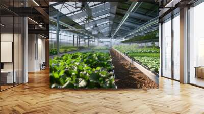 A high-tech greenhouse facility equipped with automated climate control systems, revolutionizing agriculture with year-round crop production. Wall mural