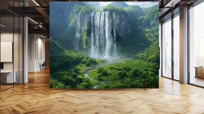 A majestic waterfall cascading down a mountain into a lush, green landscape with a river winding through the forest Wall mural