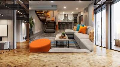 A modern and inviting basement interior design in a new house featuring sleek finishes, comfortable seating, and vibrant decor. Wall mural