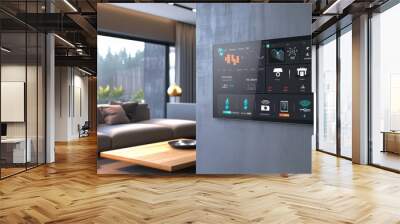 A modern living room with a wall-mounted home security control panel, displaying AI-driven alerts and live camera feeds. Wall mural