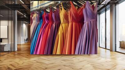 A rack of elegant evening gowns in rich, vibrant colors, displayed in a high-end boutique setting. Wall mural