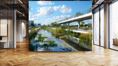 A scenic urban area with elevated walkways above restored wetlands. Wall mural