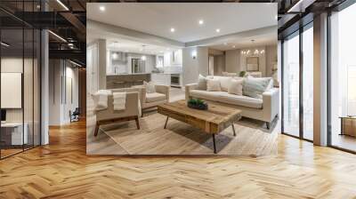 A spacious basement interior design in a new house with contemporary furniture, neutral color palette, and ample natural light. Wall mural