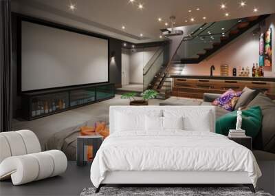 A stylish recreation party room in the basement featuring a sleek bar, glass rail stairs, a massive movie screen, a spacious grey sofa, and vibrant bohemian accents adding character. Wall mural