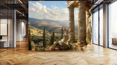 An ancient Greek temple ruins against a backdrop of rolling hills and olive groves, with weathered columns and carved marble statues. Wall mural