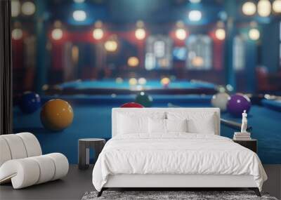 An immersive close-up of snooker balls and cues on the table Wall mural