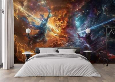 Celestial avatars of creation and destruction clashing in a cosmic expanse filled with the remnants of shattered stars and nebulae. Wall mural