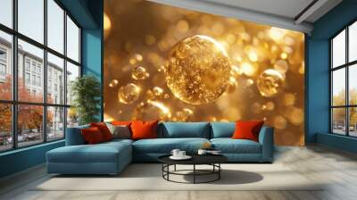 Experience the essence of luxury and elegance with this stunning image of golden yellow bubbles, symbolizing premium oil or collagen serum for cosmetic applications Wall mural