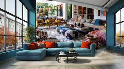 Explore a modern living room with an eclectic mix of furniture and decor, creating a unique and stylish space.  Wall mural