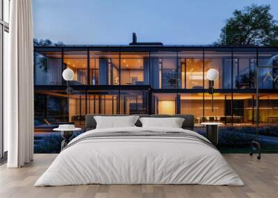 Glass-walled modern house in evening light. Wall mural