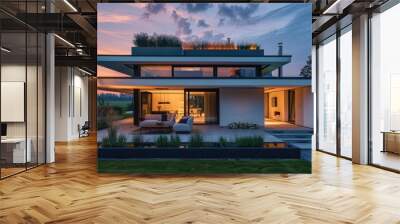 Modern house with living roof at dusk. Wall mural