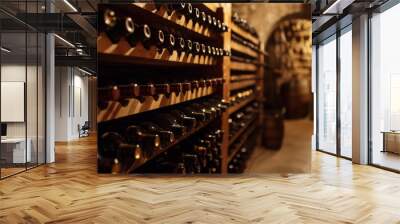 Rows of glass bottles fill the shelves of an old wine cellar Wall mural