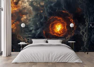 Step into the midst of a catastrophic event with this captivating image of a large fireball erupting amidst dense black smoke Wall mural