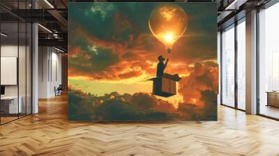 Witness the embodiment of creativity and innovation with this captivating image depicting a businessman flying out of the box using a balloon and carrying a lightbulb Wall mural