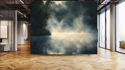 Soft morning mist hovering over water, with gentle sunlight filtering through, creating a mysterious and serene atmosphere. --v 6.1 Job ID: ba214ded-40d0-49b3-b3a5-5cd146772d68 Wall mural