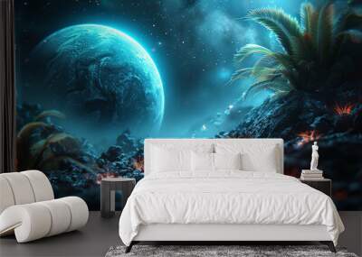 Nightly planet Earth in dark outer space. Wall mural