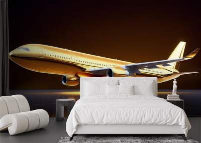 Luxury gold airplane against a dark background. VIP travel concept. 3D Rendering. 3D Illustration Wall mural