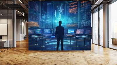 A bossiness man standing in front of big screen. generative ai Wall mural