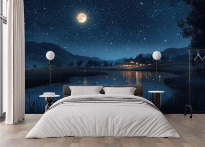 A serene night scene with a full moon shining over a lake, illuminating a small house in the distance. The surrounding mountains and trees add to the beauty and tranquility of the landscape. Wall mural