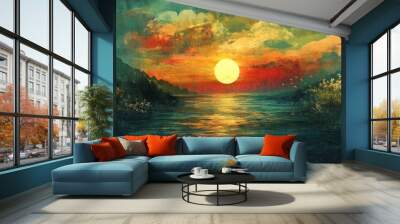 A vibrant sunset over a still lake with mountains in the background. The sky is a mix of orange, yellow, and red hues, with clouds adding texture.  Wall mural