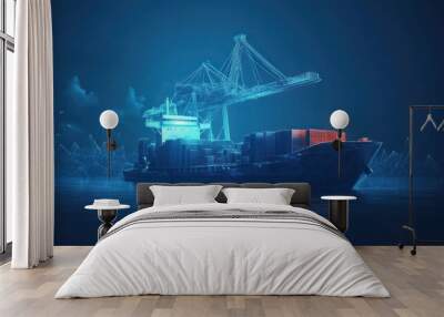 poly cargo sea port. 3d ship, port crane and containers in dark blue. Container ships, transportation, logistics, Wall mural