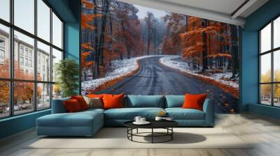 Snowy Road Through a Forest Wall mural