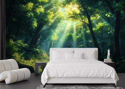 Sunbeams illuminate a path through a lush, green forest. Wall mural