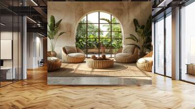 Tropical Living Room Interior Design with Wicker Furniture Wall mural