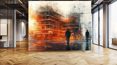 Two figures stand before a large building under construction, with a bright orange glow behind it and a rough, abstract background. Wall mural