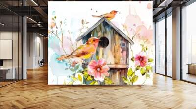 Watercolor Painting of Birdhouse with Two Birds and Flowers Wall mural