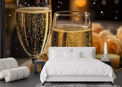 Champagne glasses with bubbles in cozy setting Illustration Wall mural