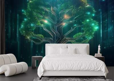 Serene Forest Tree With Glowing Artificial Circuits Illustration Wall mural