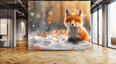 3d Red cute fox cub on the background of a snow  fairy tale winter forest  Wall mural