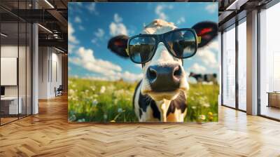 A crazy funny  cow looks at the camera and laughs on a green flowers under a blue sky on a sunny summer day. Wall mural