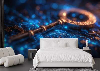 A digital encryption key with glowing blue circuits, on a solid cobalt blue background. Wall mural