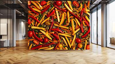 A pattern wallpaper of Peruvian salt ado Stir fry dishes with fries and vegetables in a dynamic pattern  Wall mural