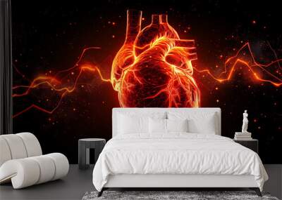 Abstract shape of human heart with digital red line of cardiac pulse. on a black background.  Wall mural