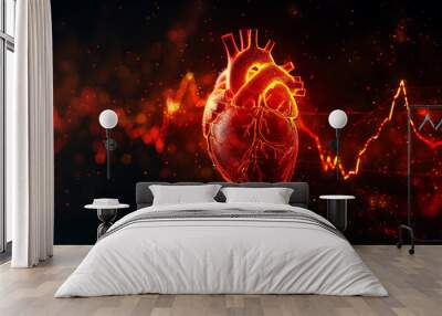 Abstract shape of human heart with digital red line of cardiac pulse. on a black background.  Wall mural