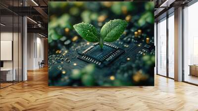 Creative Depiction of a Green Sprout Growing on a Computer Chip Showcasing Nature's Resilience against Technology Wall mural