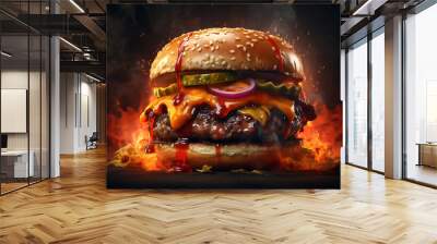 Delicious Burger with fire flames Wall mural