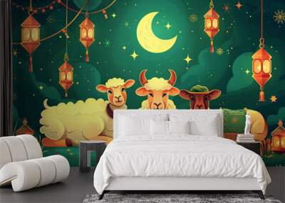 Eid al Adha Mubarak Islamic festival background With moon and goat Wall mural