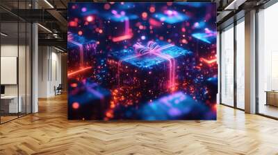 Eye-Catching Cyber Monday Sale Banner Featuring Neon Blue and Purple Glowing Lights for Maximum Attention and Engagement Wall mural