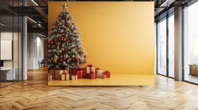 Festive Composition with Christmas Tree and Gifts on Bright Yellow Background for Holiday Decor and Celebration Wall mural