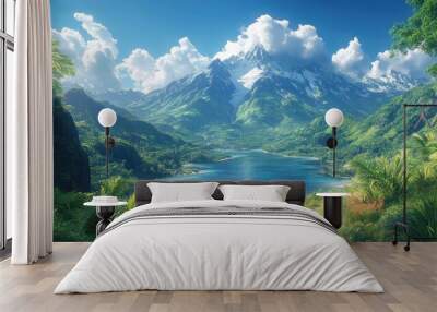 Scenic Mountain Landscape with a Clear Blue Sky and Lush Greenery Wall mural