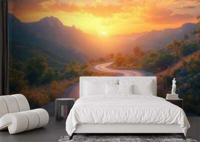 Scenic Sunset Over Mountain Road Showcasing Beautiful Curves for Travel and Landscape Enthusiasts Wall mural