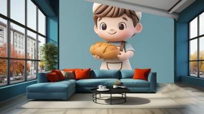 A cartoon boy is holding a loaf of bread Wall mural