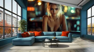 Beautiful female casino dealer playing poker, blackjack, and roulette. Wall mural