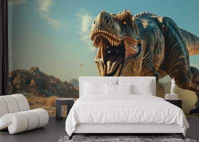 Ferocious Tyrannosaurus Rex roaring in a prehistoric landscape. Wall mural