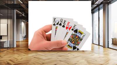 Hand holding playing cards, close-up photo. Poker game, card game strategy, gambling excitement. Wall mural